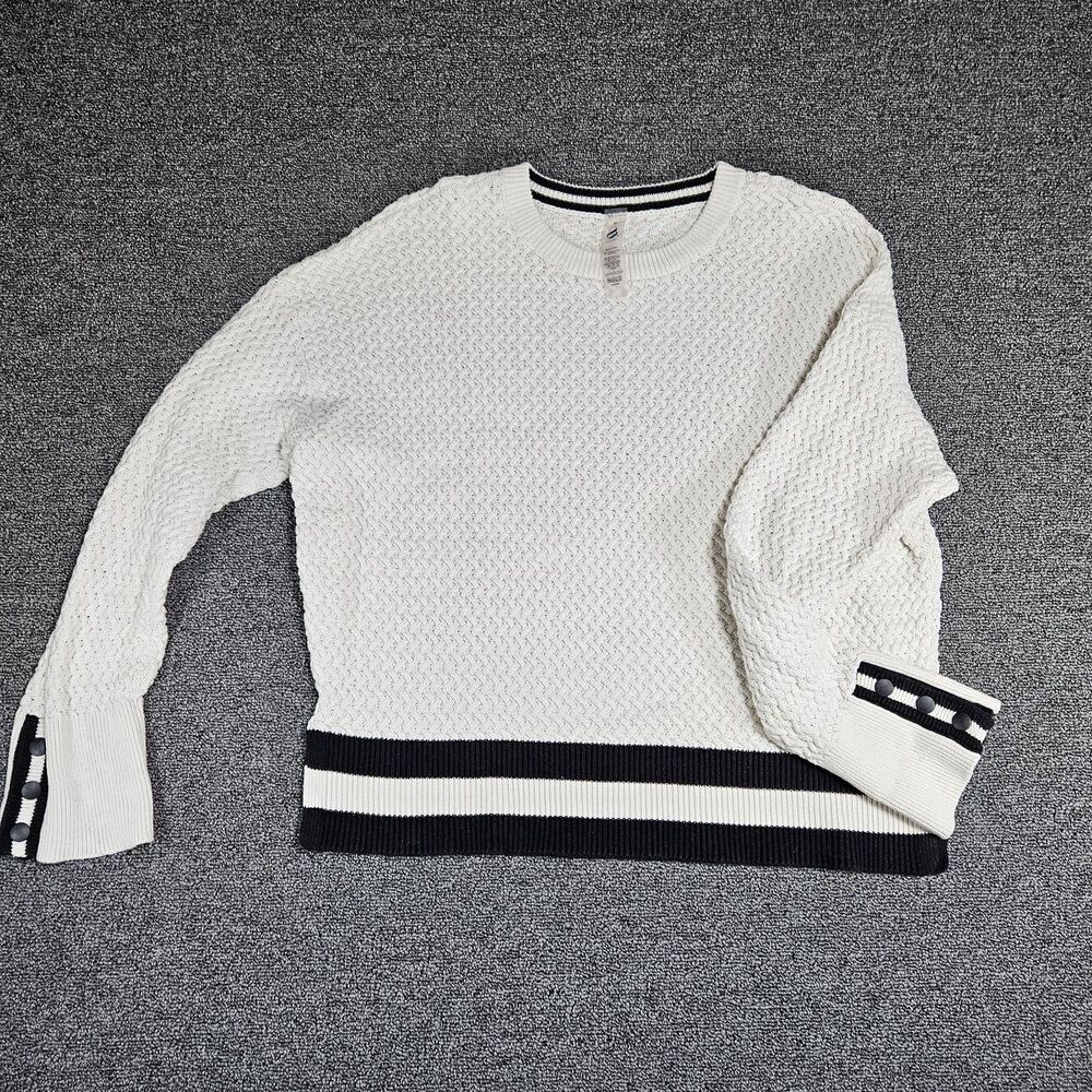 Lou & Grey Herringbone Knit White Sweater‎ With Black Accent Stripes, Medium